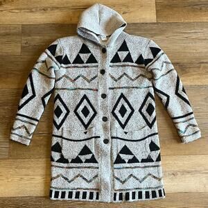 Northern Angel Hooded Sherpa Lined Jacket M Aztec Tribal Knit Longline Coat Boho